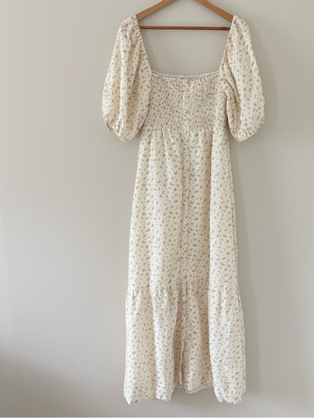 Emerson Fry Santiago Maxi Dress Anne Flowers Gold Linen Puff Sleeves Size M - Picture 4 of 14